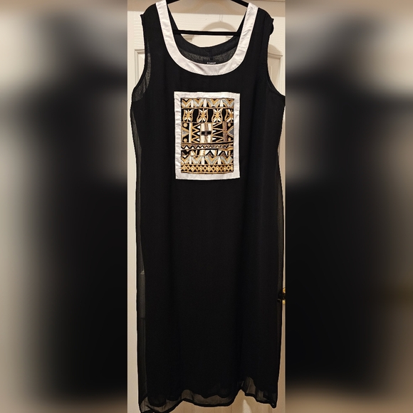 NWOT Ashro Black/Cream/Gold Nubian Dress w/Sheer Over Coat and Scarf - Picture 2 of 7